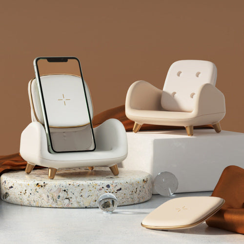 "Sofa-Style Wireless Charger for Smartphone on a Marble Stand - Minimalist Tech Decor"