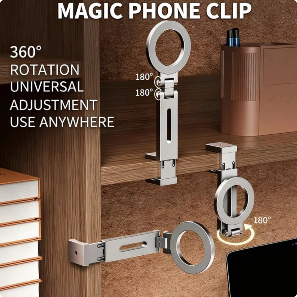 Magic phone clip with 360-degree rotation on a wooden surface