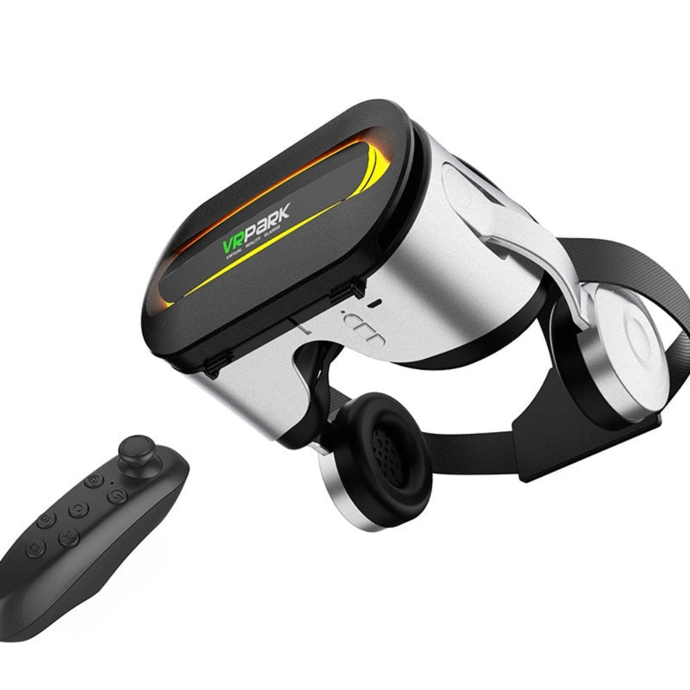 "Professional VR gaming set with high-definition headset and motion-tracking controller, minimalist tech product photography on a plain white background."