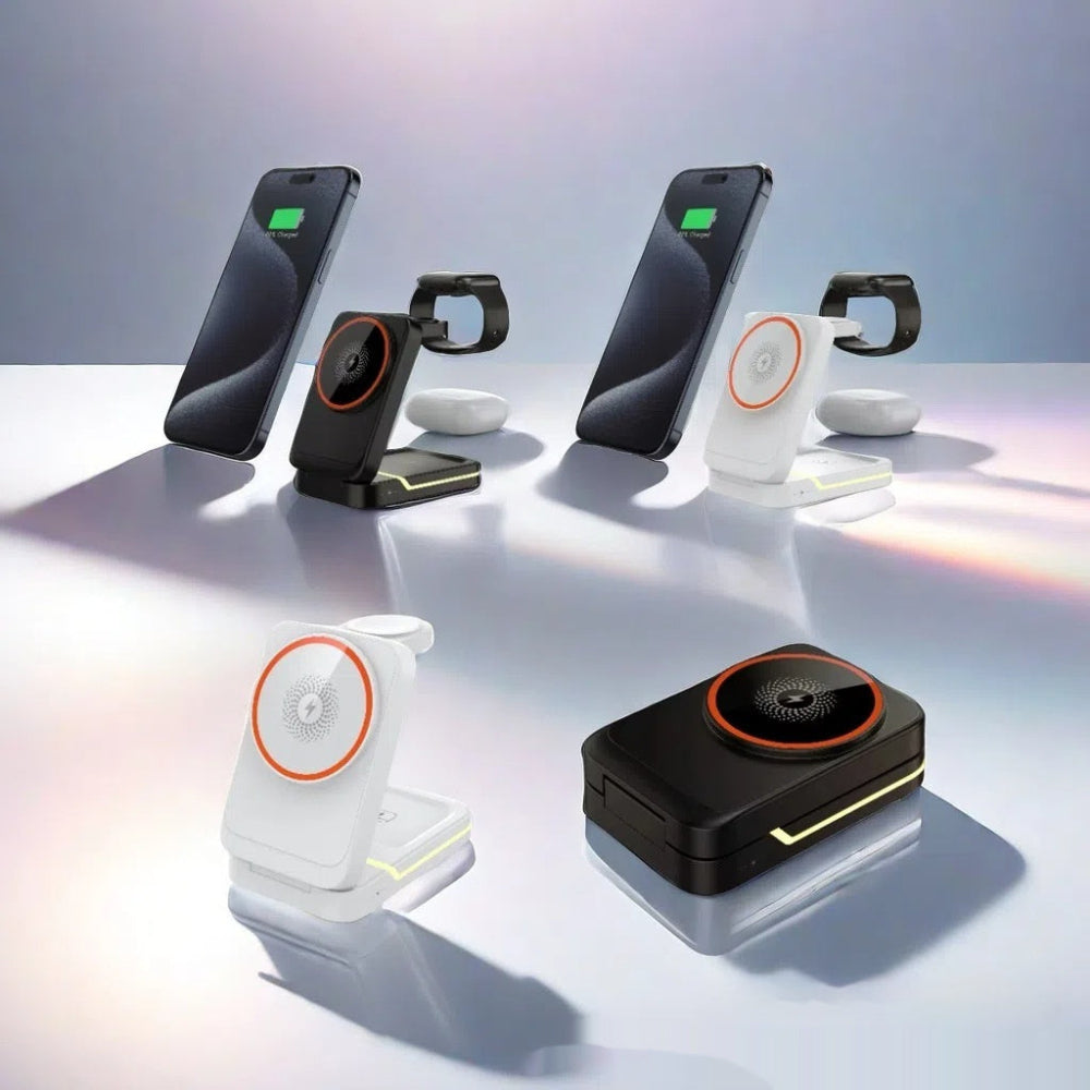 "Premium multi-device wireless charging stations, sleek tech accessories on a reflective glass surface with modern gradient lighting."