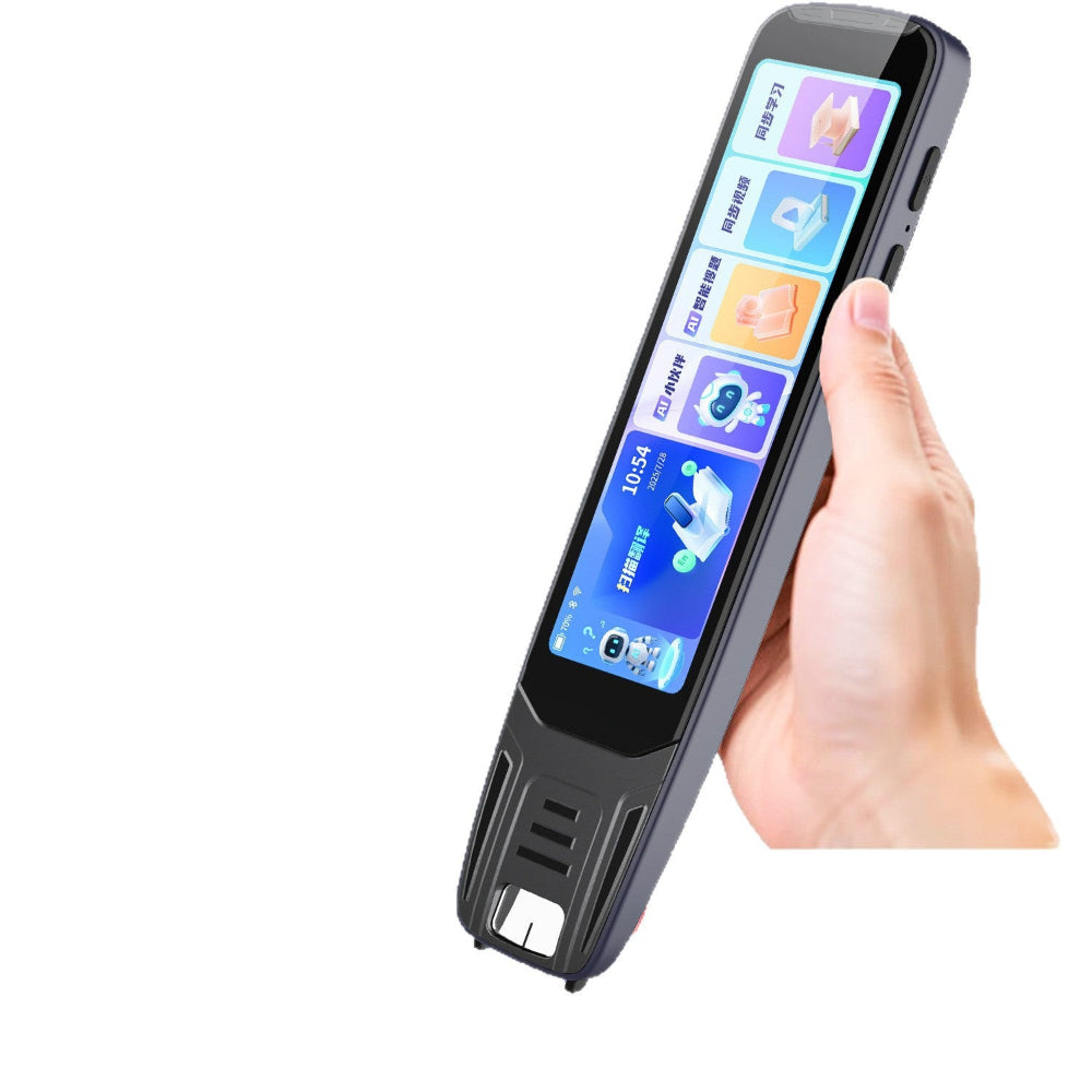 "Handheld digital smart controller with touchscreen interface and app icons, professional tech gadget photography for minimalist workspaces."
