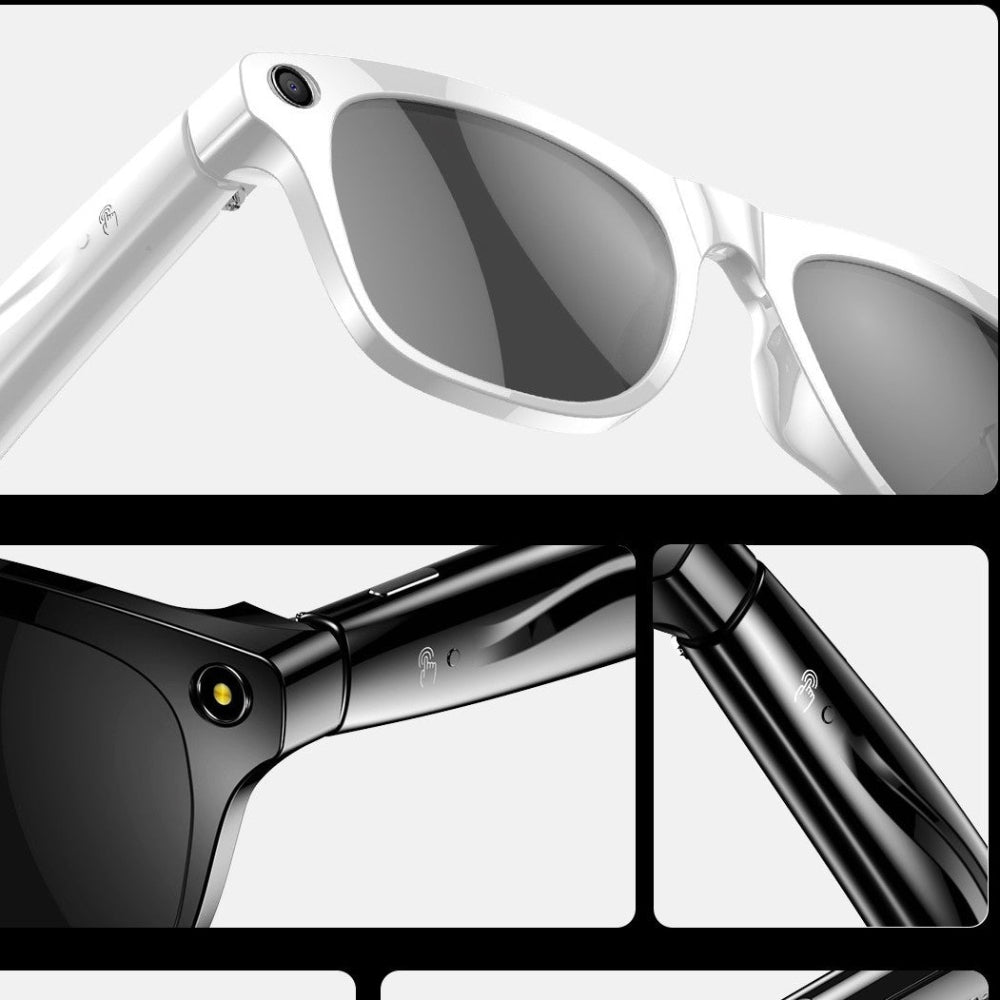 "Premium dual-color sunglasses with reflective UV protection lenses, sleek white and black fashion accessory on a professional light gray background."