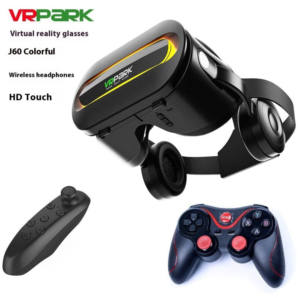 "Complete VR PARK gaming kit including high-definition VR goggles and twin motion controllers, professional minimalist tech photography for product listing."
