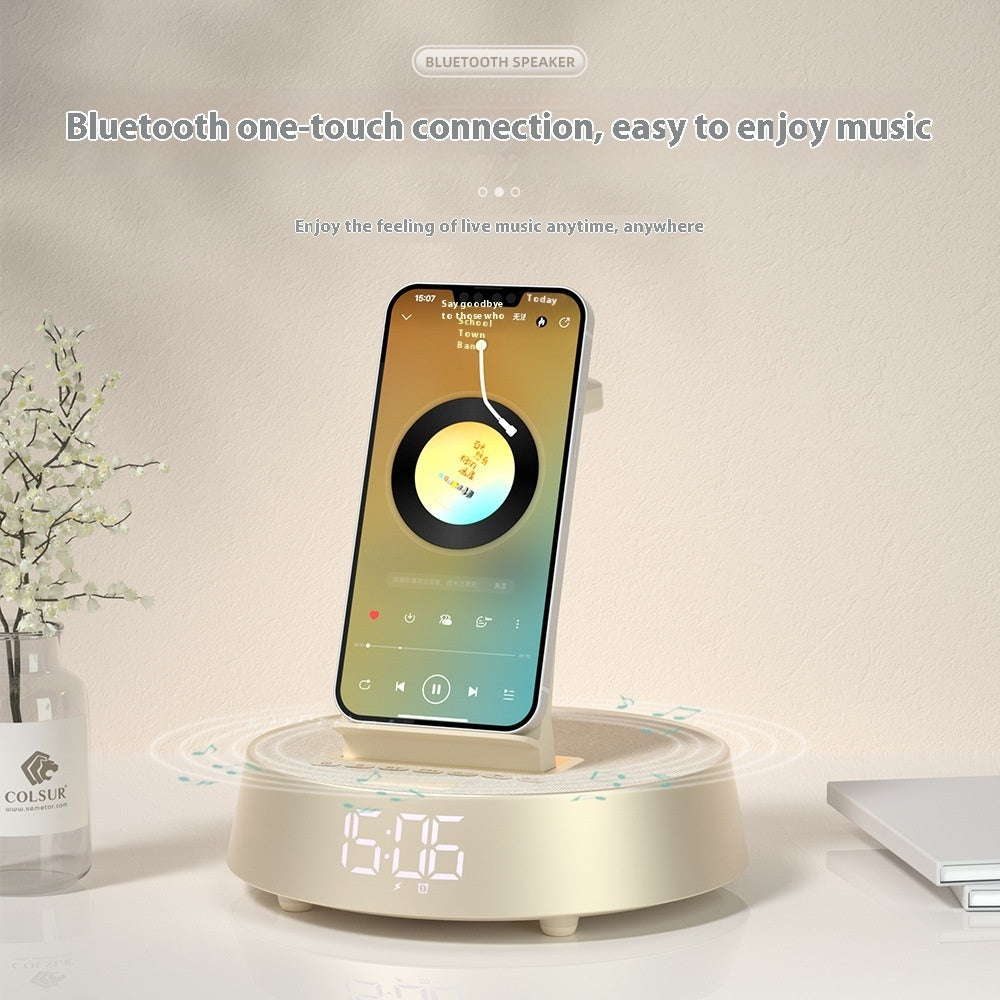 Wireless charging stand with Bluetooth speaker and smartphone on a light background