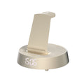 "Modern beige desk clock and mobile phone docking station, aesthetic minimalist tech accessory for home or office on a plain white background."