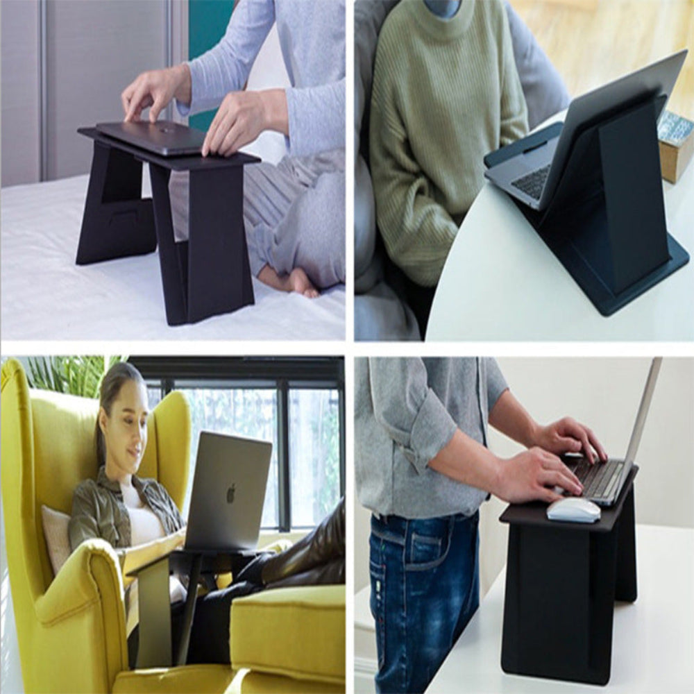 Collage of people using a laptop stand in various settings