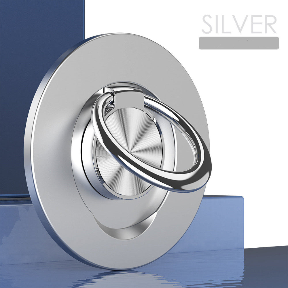"Circular silver metallic phone grip and kickstand on a modern gradient backdrop, highlighting the silver color variant for minimalist tech setups."