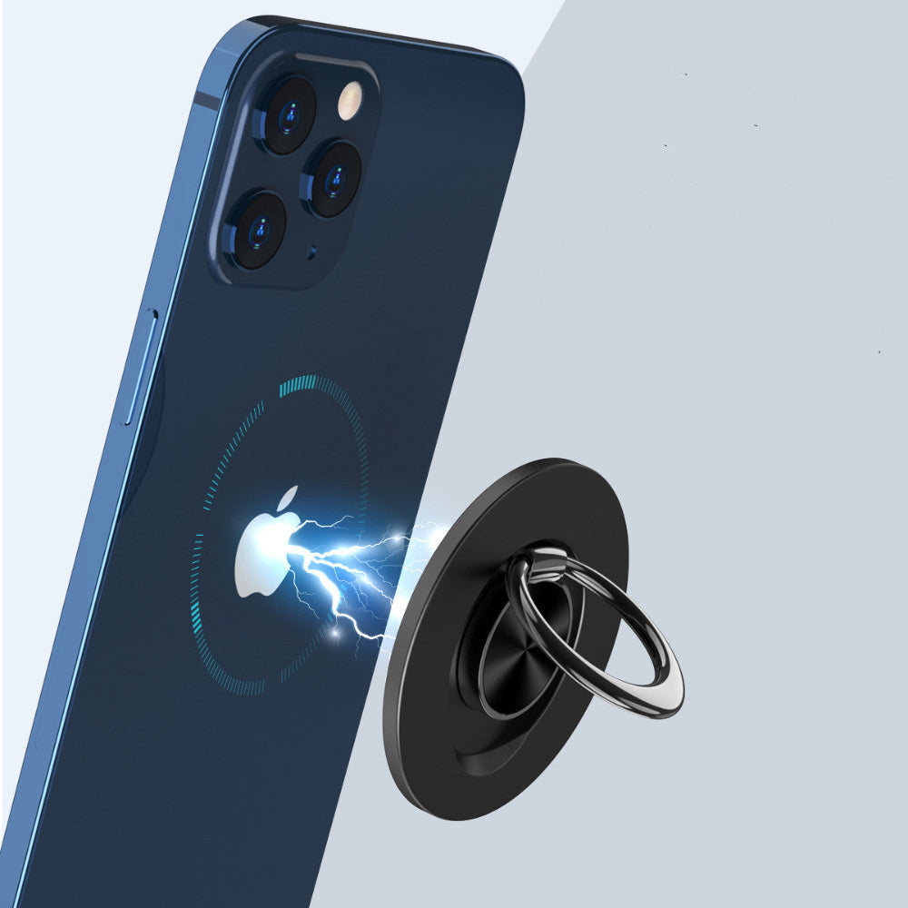 "Smartphone featuring a magnetic ring holder attachment on a light blue background, highlighting MagSafe compatibility and secure grip."