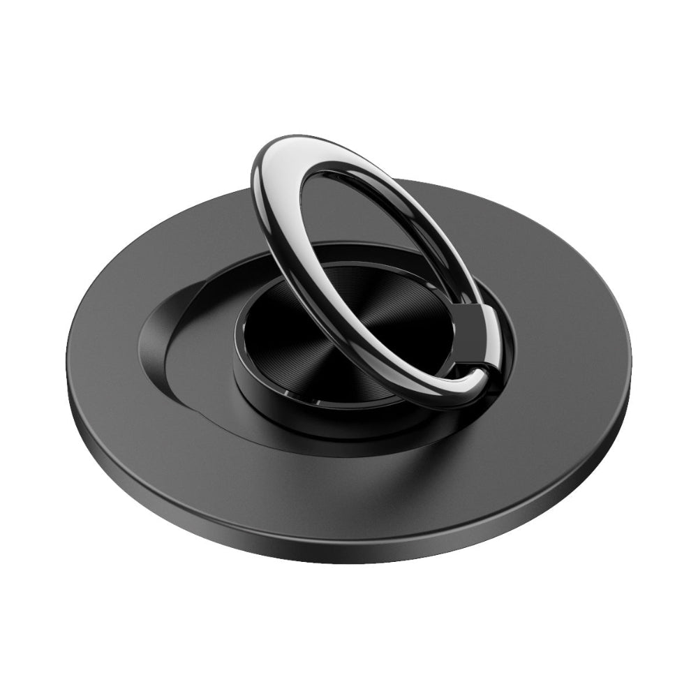 "Sleek black phone ring stand with a polished silver ring, isolated on a white background, minimalist mobile accessory for secure grip."