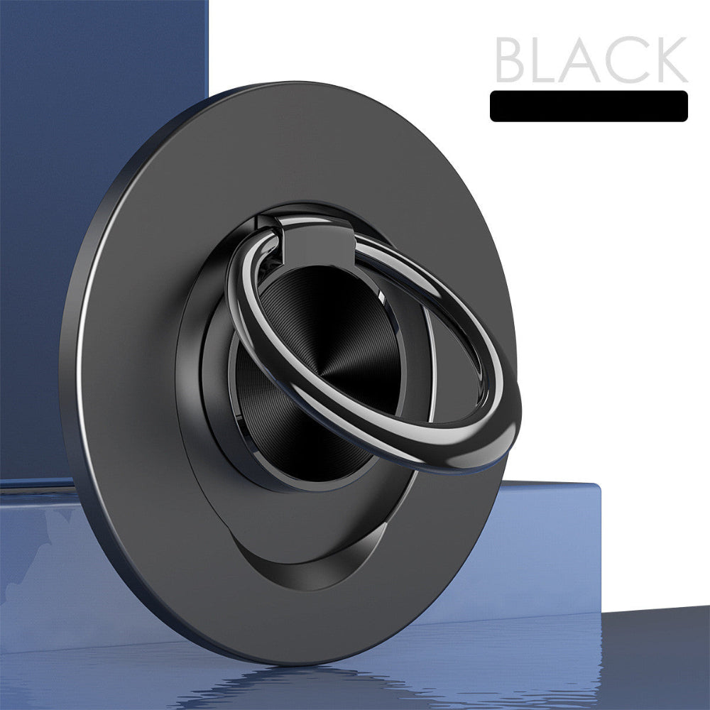 "Circular black phone grip and kickstand reflecting on a polished surface, professional mobile accessory with a blue and white aesthetic backdrop."