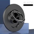 "Circular black phone grip and kickstand reflecting on a polished surface, professional mobile accessory with a blue and white aesthetic backdrop."