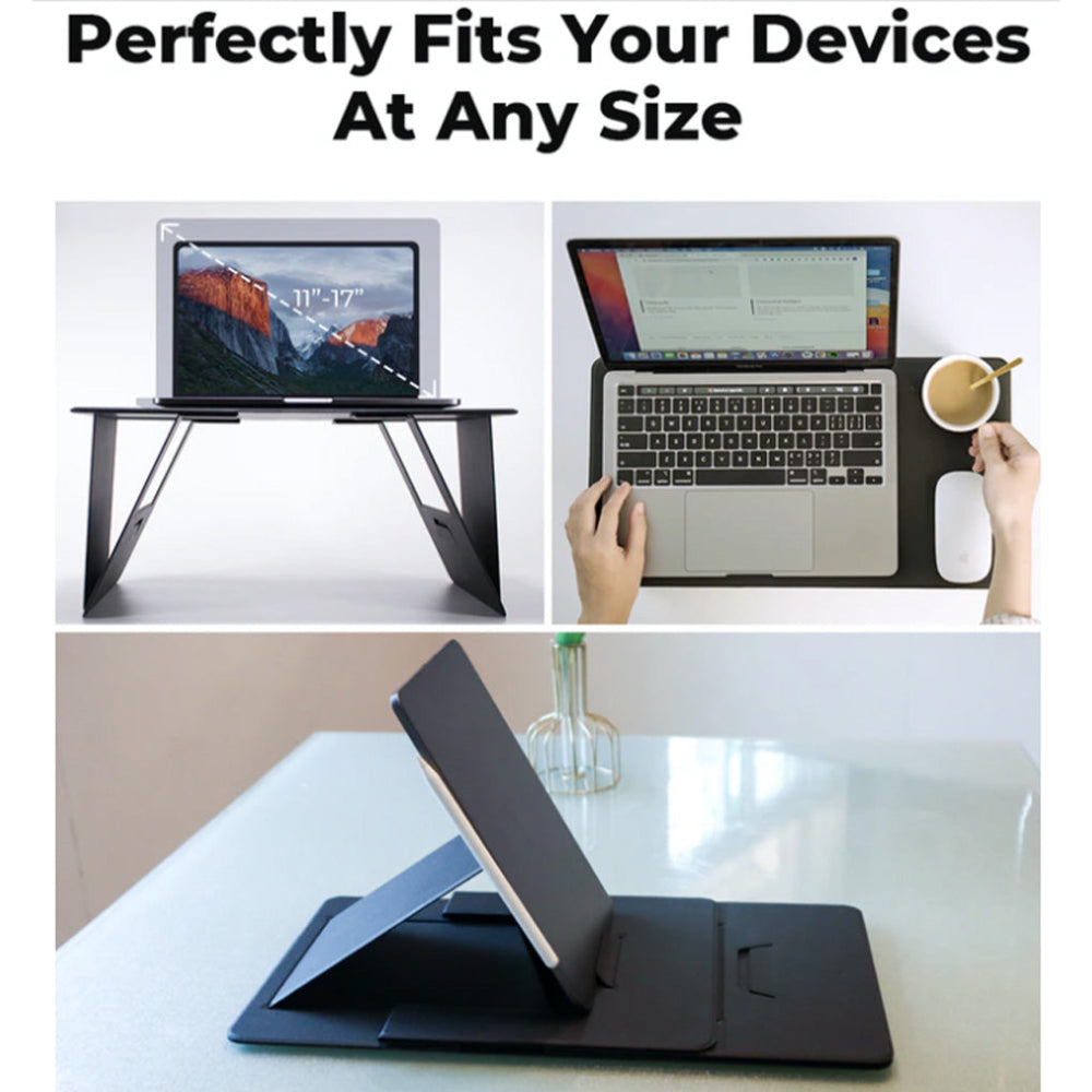 Collage of a laptop stand with different devices on it, emphasizing its versatility.