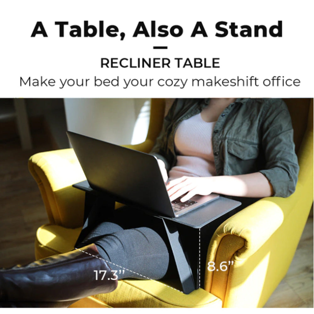 Person using a laptop on a recliner table with text overlay