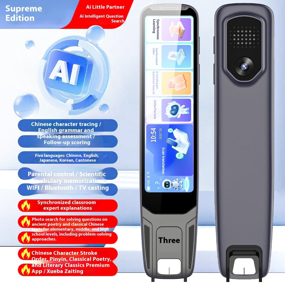 "Professional AI smart device interface with detailed specifications and features, modern tech product photography on a pastel blue background."
