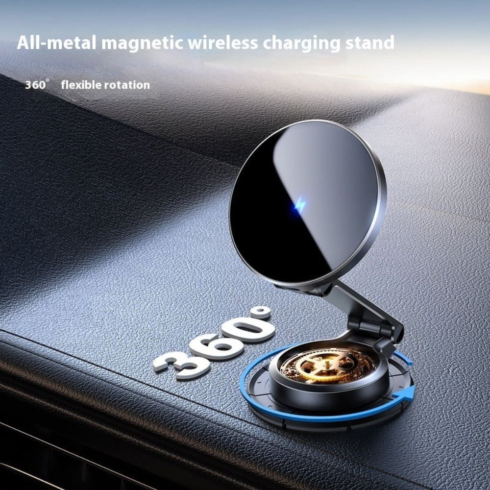 "Premium all-metal magnetic wireless charging stand with a sleek finish, featuring a 360-degree flexible neck, displayed on a professional dark surface."