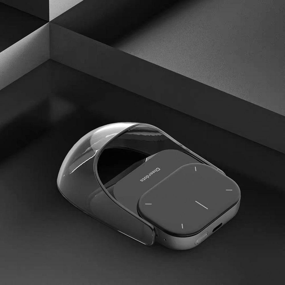"High-end black digital accessory with reflective glass surface, professional product photography on a dark abstract geometric background."