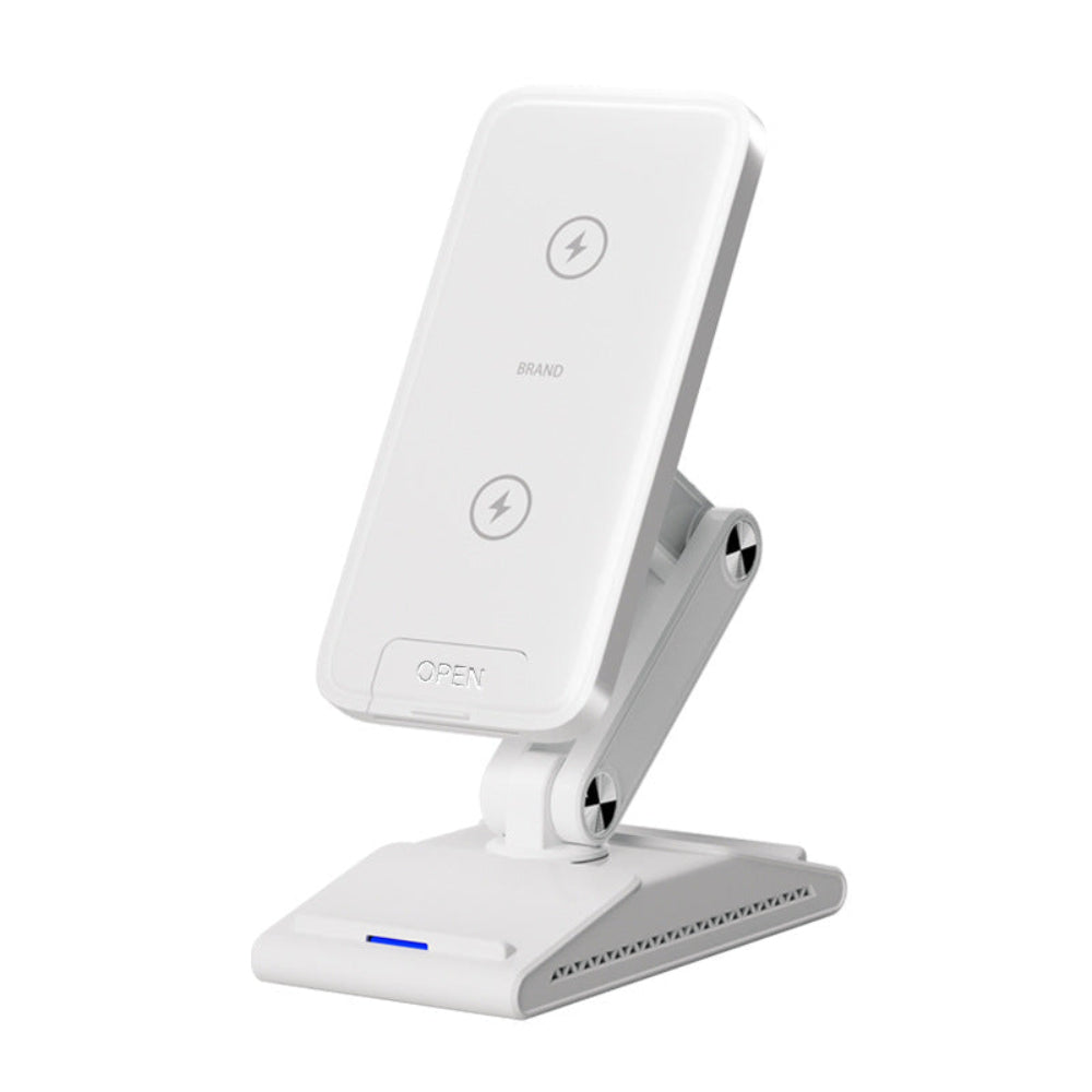 "A minimalist white multi-device charging station with 'OPEN' logo text, displayed on a seamless white backdrop for a modern aesthetic."