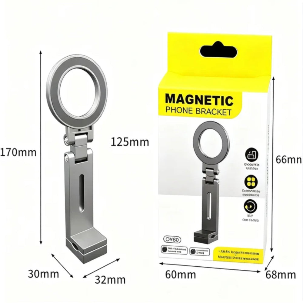 "Magnetic phone bracket technical drawing with dimensions and retail packaging box, presented in a minimalist professional style."
