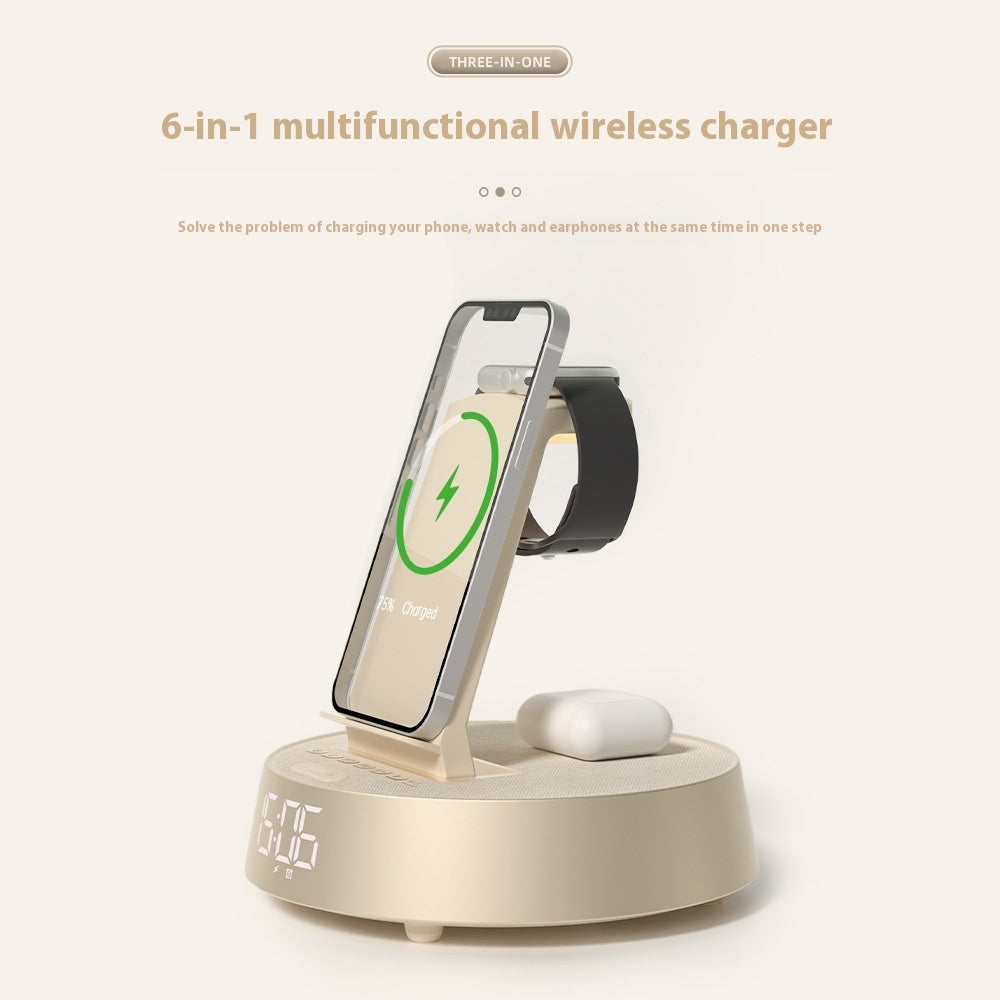 "Universal 6-in-1 fast wireless charging stand for multiple devices, featuring dedicated spots for phone, watch, and pods, professional e-commerce product photography."