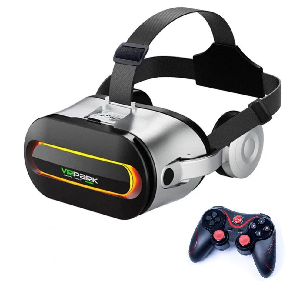 "Complete VR gaming set with high-definition headset, comfort-fit adjustable strap, and motion controller, professional product photography for tech listings."