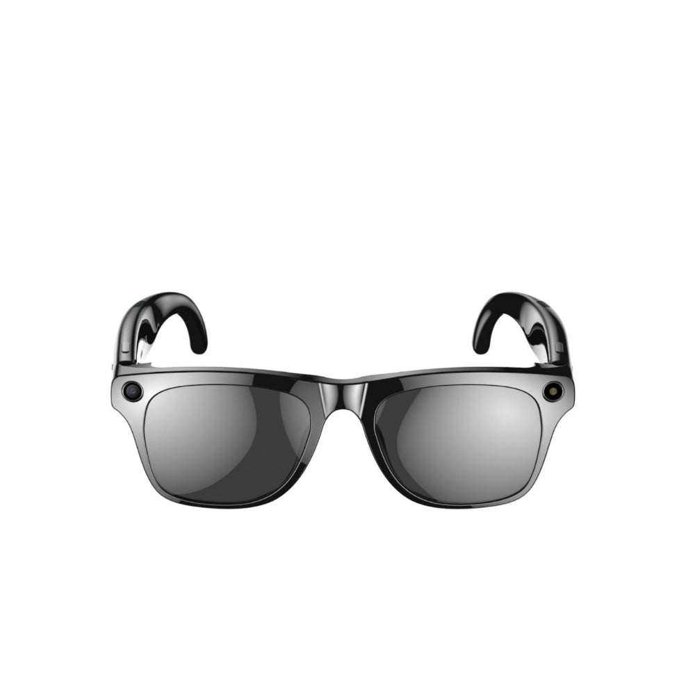 "2-in-1 Bluetooth enabled smart eyewear for music and calls, wearable tech sunglasses with ergonomic earbuds on a plain white background."
