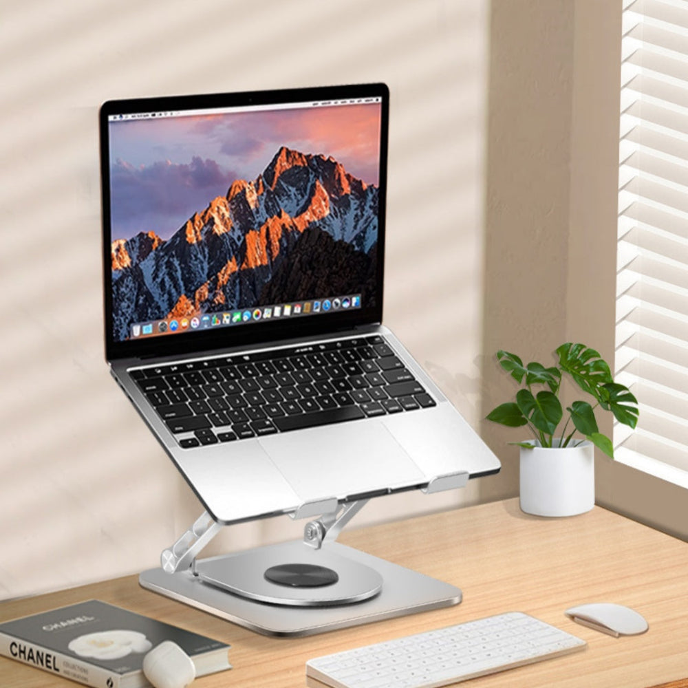 Laptop on a stand with a mountain display on a desk with a plant and books.