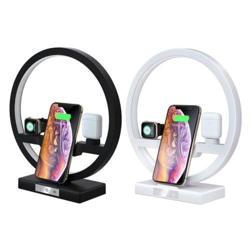 "Multiple color options for a 2-in-1 wireless charging station, featuring sleek black and minimalist white models on a white backdrop."