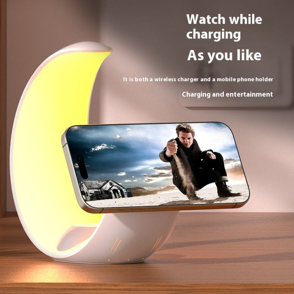 "2-in-1 magnetic wireless charging stand on a natural wood desk, shown in landscape mode for movie watching, highlighting its stable grip and fast-charging capabilities."