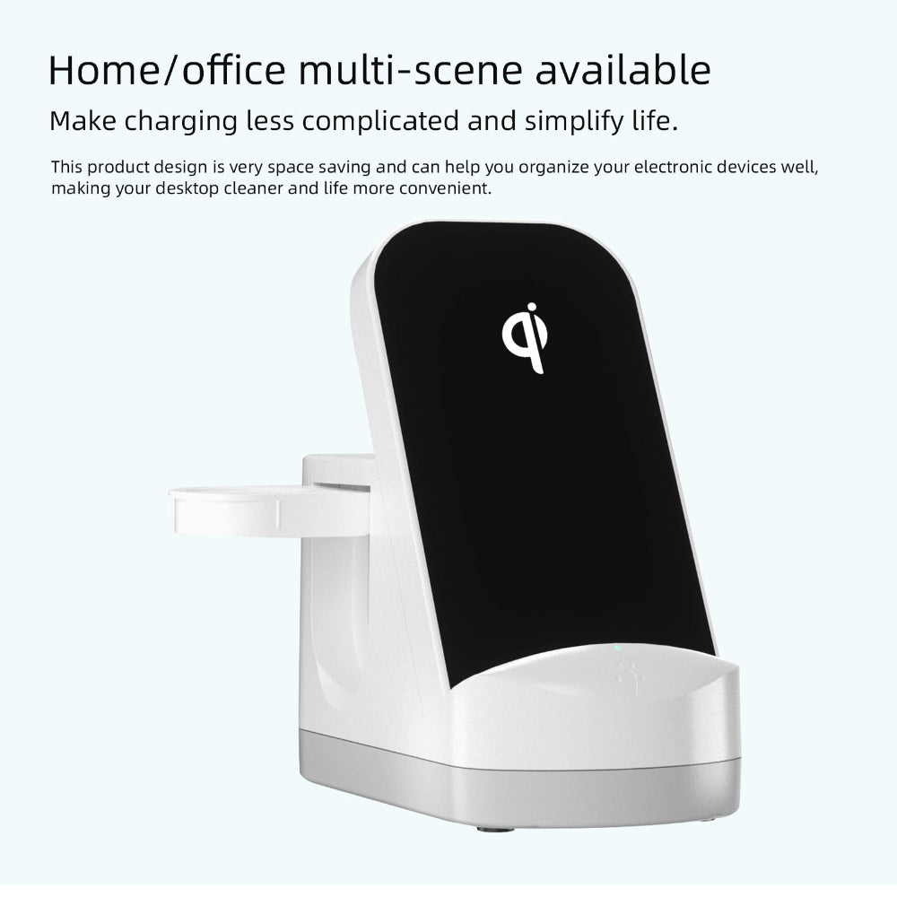 "A professional white and black phone charging stand with the official Qi-certified logo, displayed on a clean white background to emphasize its universal wireless charging compatibility."