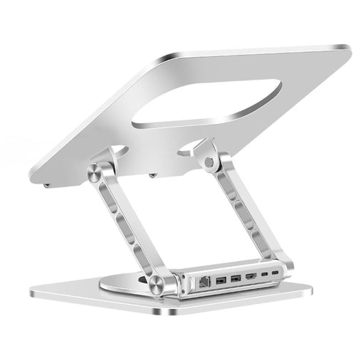 Silver laptop stand with multiple ports on a white background