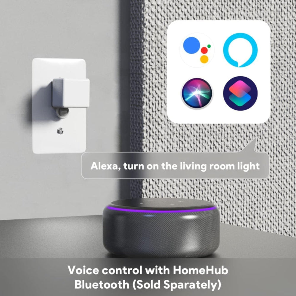 A sleek smart home hub on a minimalist gray surface. The device prominently displays the Amazon Alexa, Apple HomeKit, and Bluetooth logos, highlighting its multi-platform compatibility and wireless connectivity.