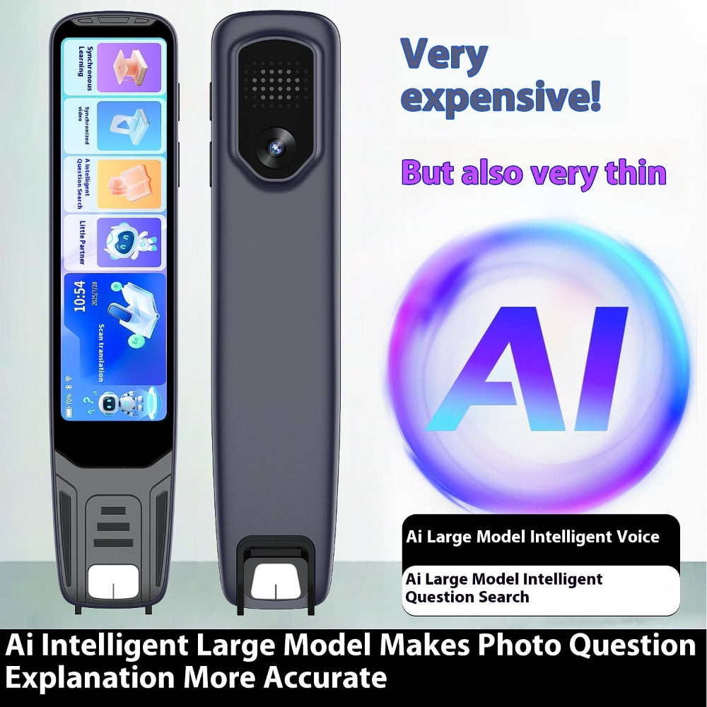 "Professional AI-integrated smart device with camera, minimalist thin design with interface text for voice search and intelligent Q&A functionality."