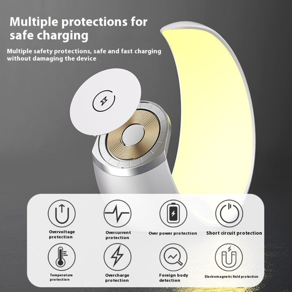 "An infographic of a premium wireless charger on a dark background, featuring text and icons that highlight safety protections such as over-temperature control, short-circuit prevention, and surge protection."