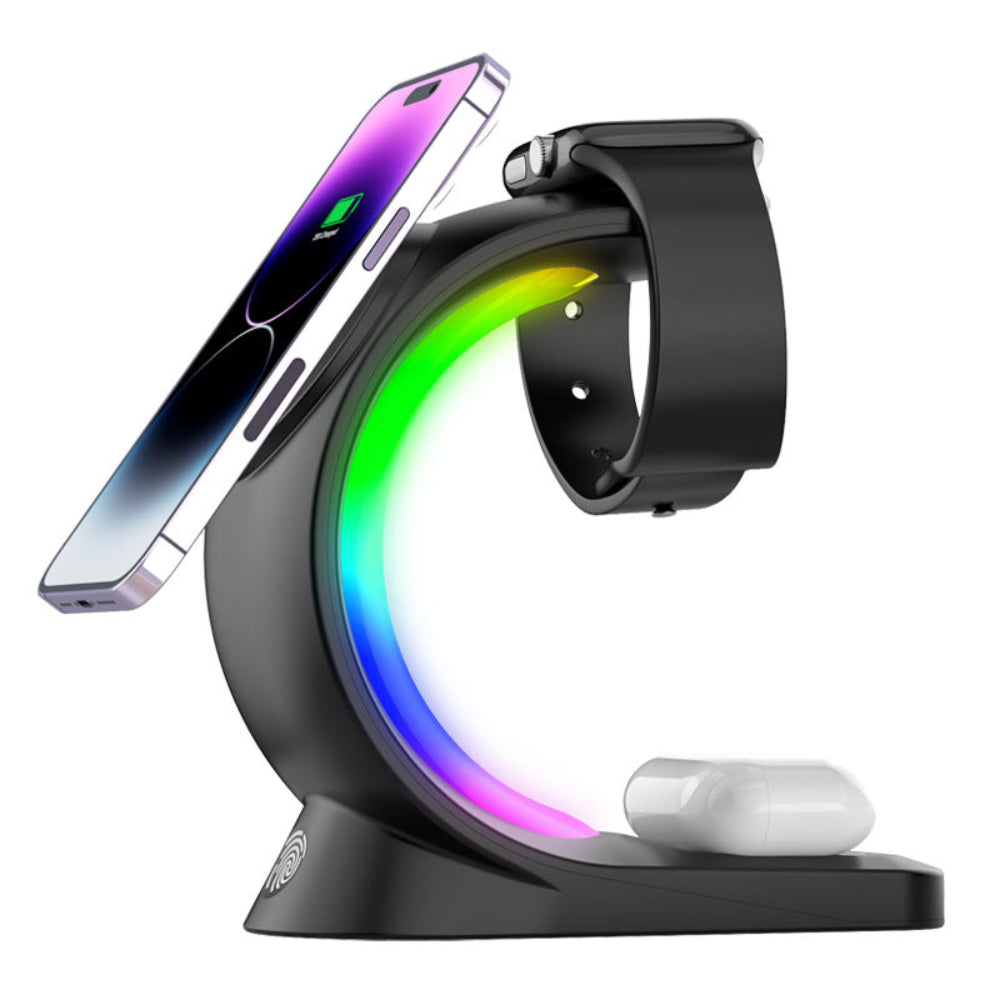 "Sleek black 3-in-1 wireless charging stand on a white background, simultaneously charging a smartphone, a smartwatch, and a pair of wireless earbuds."