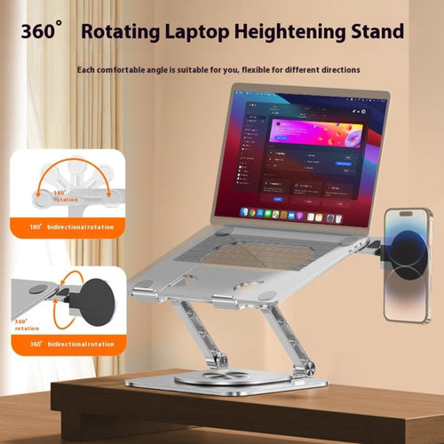 Laptop heightening stand with 360-degree rotation feature on a desk.