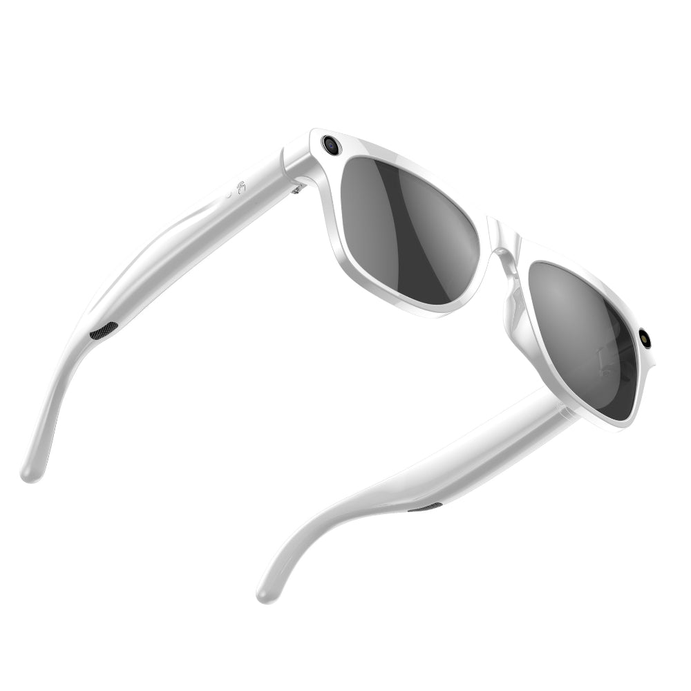 "Premium white sunglasses with reflective UV protection lenses, modern fashion accessory for summer, professional product shot on a clean white background."