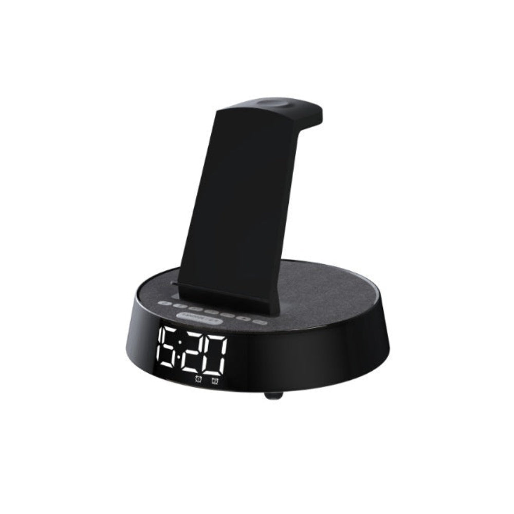 "All-in-one black digital desk clock and smartphone docking station, minimalist home office accessory on a plain white background."