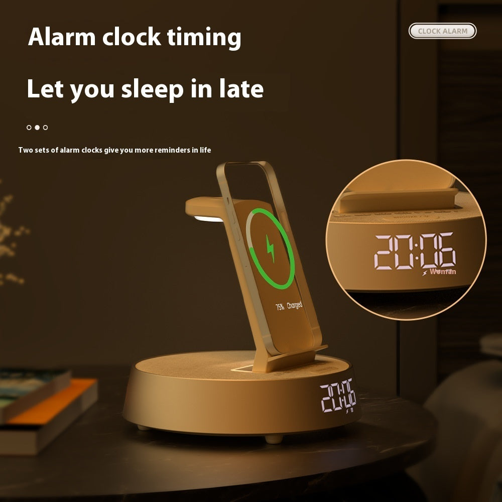"Eco-friendly wooden electronic desk clock with multi-functional charging dock, aesthetic home office gadget on a dark textured surface."
