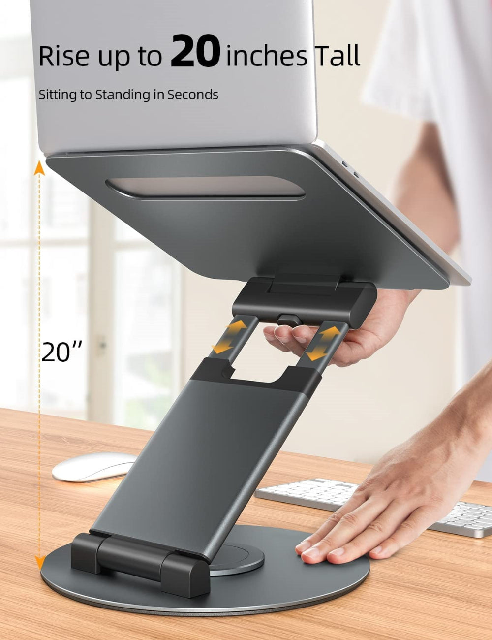 Adjustable laptop stand on a desk with text indicating height adjustment capability