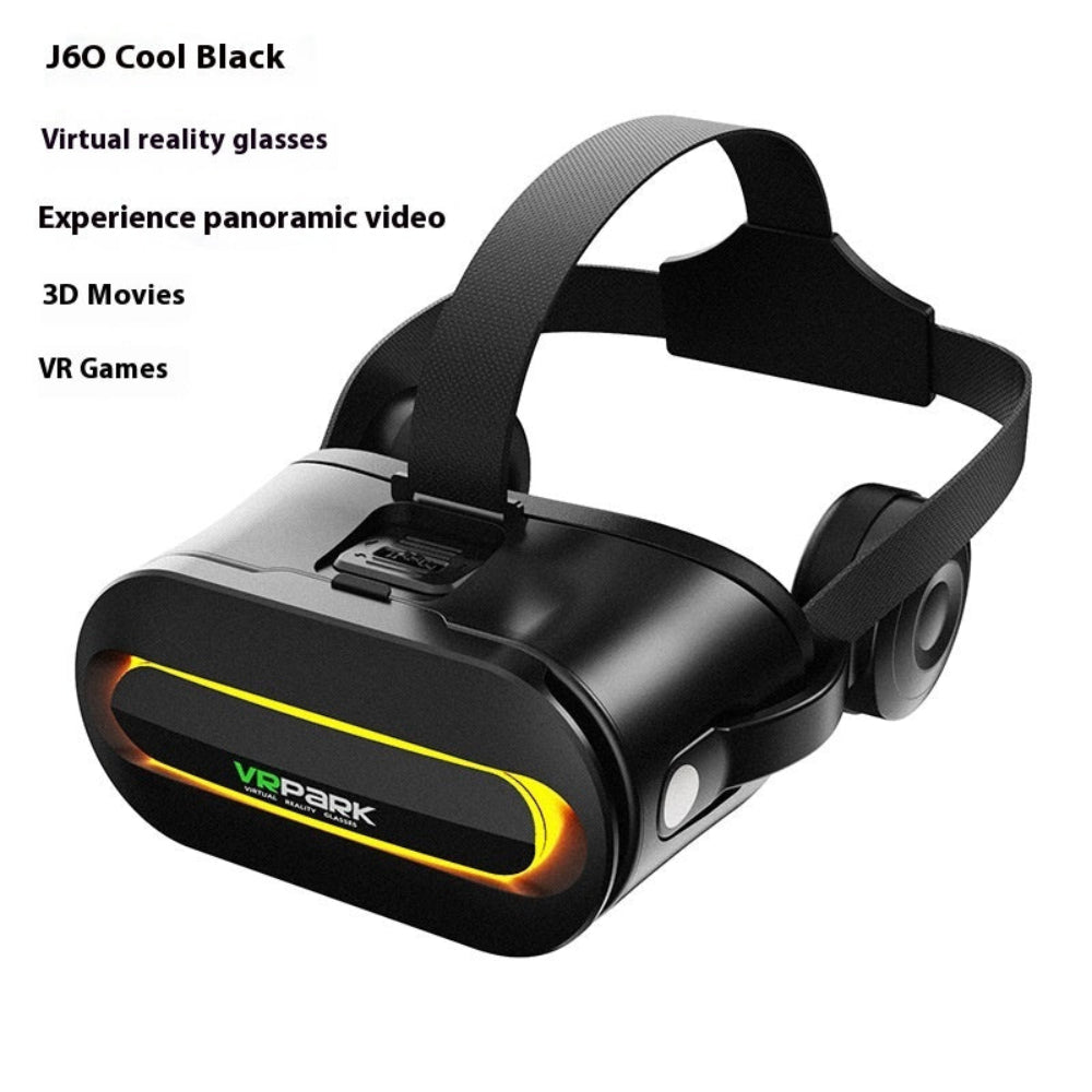 "VR PARK black virtual reality goggles with adjustable head strap, modern high-tech design for immersive gaming on a clean white background."
