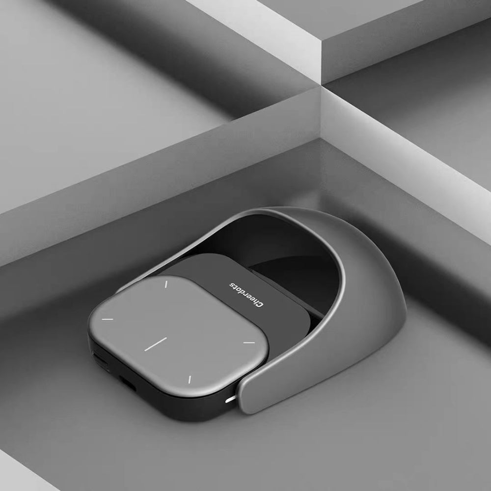 "Premium Bluetooth wireless earbuds and charging case, professional tech photography on a modern gray geometric backdrop."