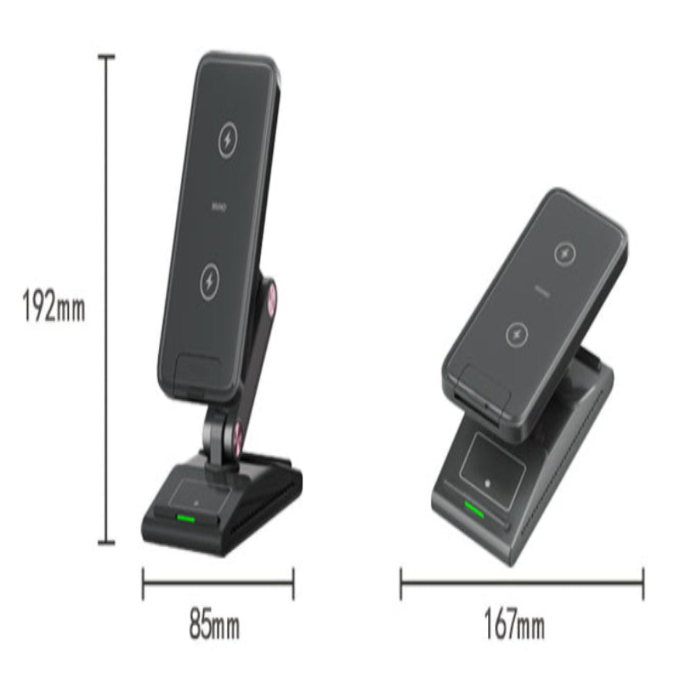 "Black multi-device wireless charger with size dimensions labeled, isolated on a white background."