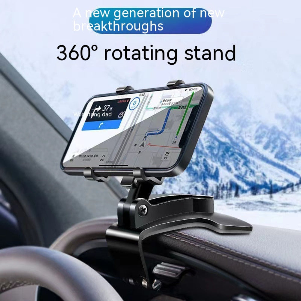 "Universal 360° rotation adjustable car phone stand for hands-free navigation, sturdy dashboard mount with a luxury car interior and winter landscape background."