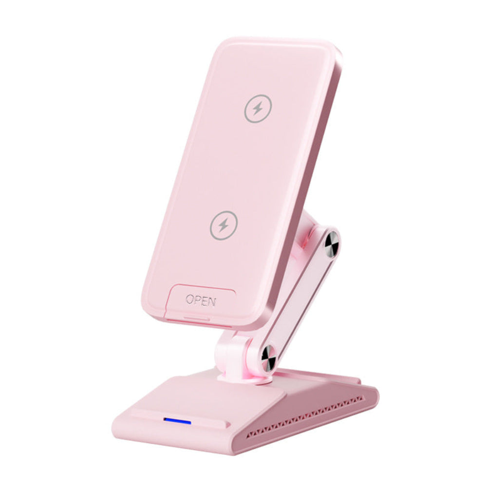 "Pink multi-device wireless charging stand for smartphones, featuring a sleek design and isolated on a white backdrop."