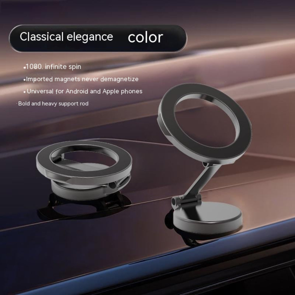 "Close-up of a versatile magnetic car phone holder attached to a clear windshield, securely holding a smartphone while showcasing its sleek, professional design and key features."