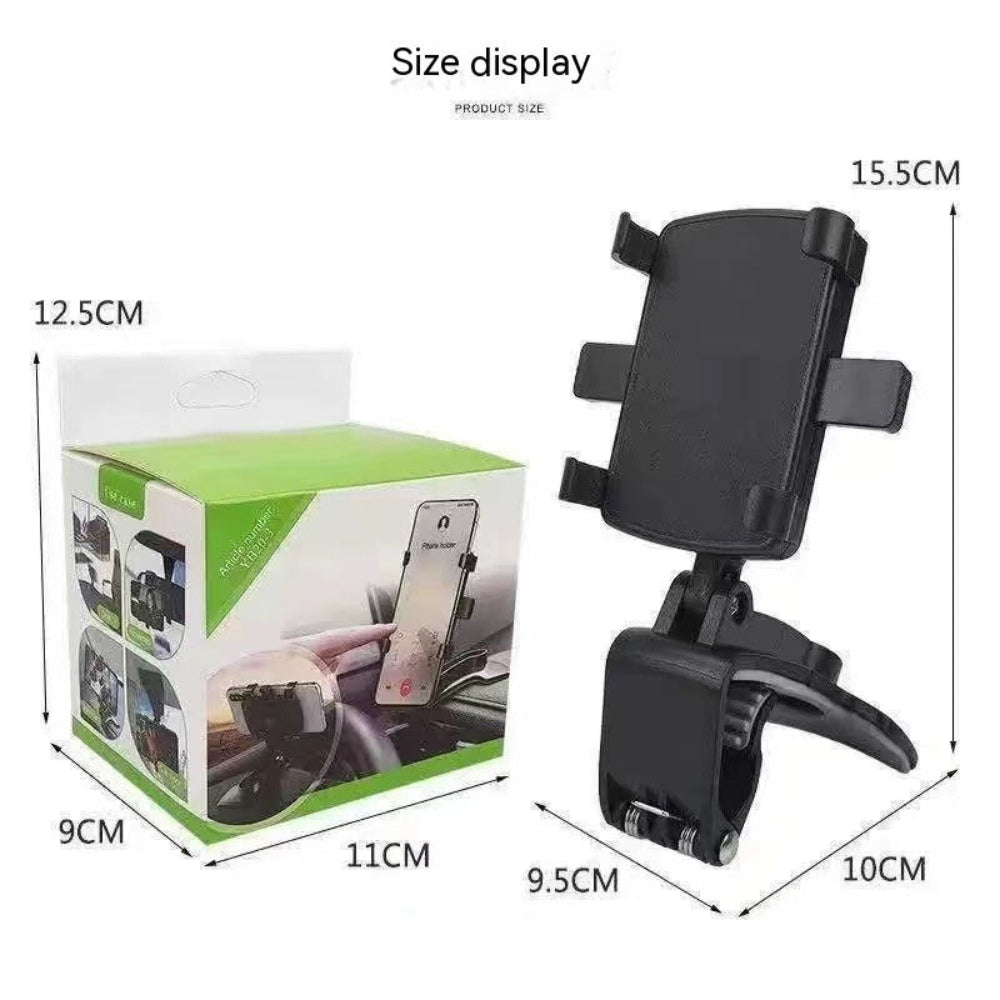 "Black car phone holder with product packaging and size specifications overlay."