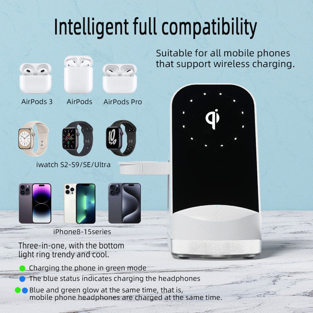 "Sleek 5-port universal charging station with cable organization slots, displayed on a minimalist light blue backdrop, highlighting its fast-charging capabilities for multiple high-utility electronic devices simultaneously."