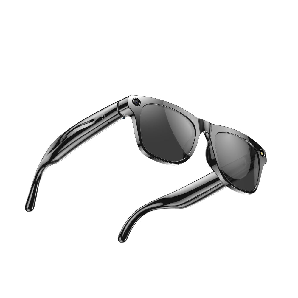 "Premium black eyewear with reflective UV protection lenses, minimalist fashion accessory on a plain white background for product catalog."