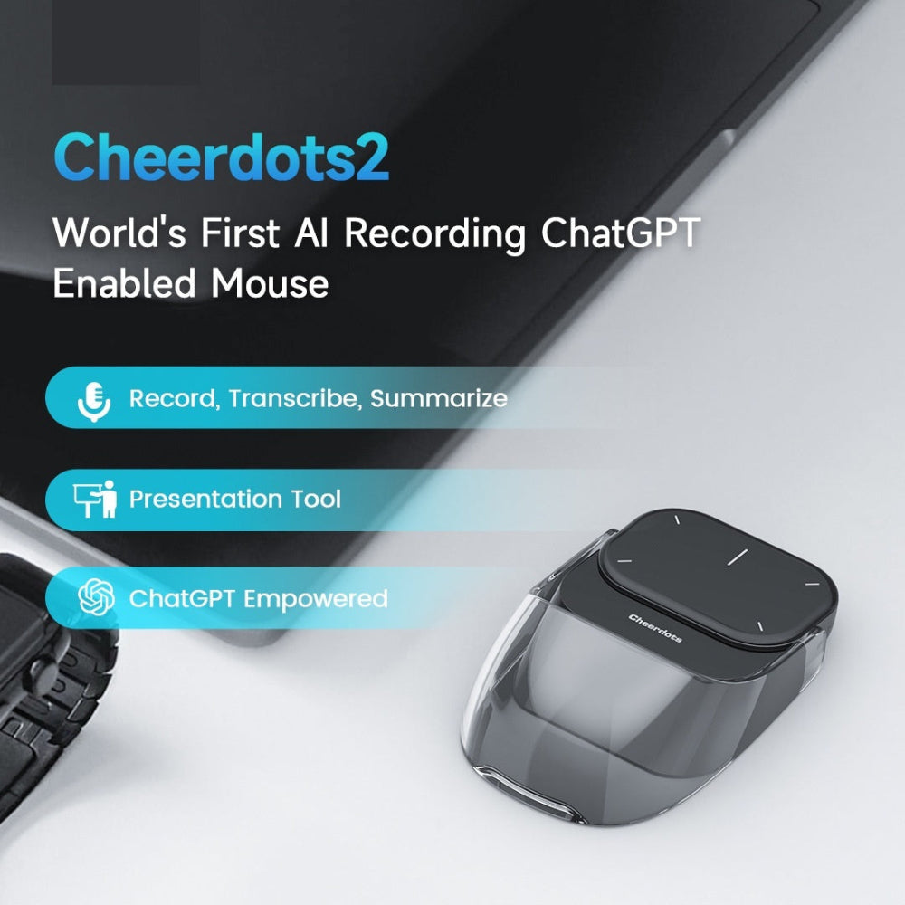 "Cheerdots 2 AI-powered presentation mouse with intelligent voice search and ChatGPT functionality, minimalist tech gadget on a professional white background."