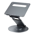 "Ergonomic black laptop stand for desk, foldable and portable aluminum notebook riser on a plain white background for professional workspace setup."